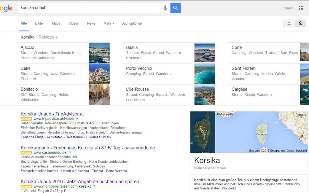 Google Suche nach Reisen mit neuem Design