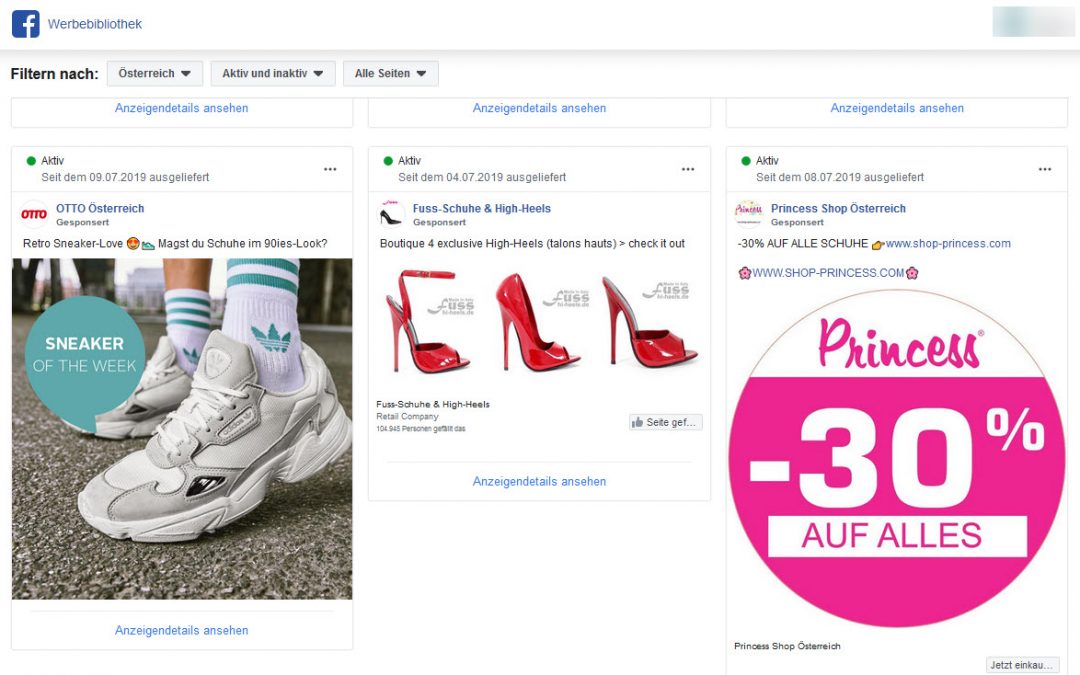 Werbeanzeigen zum Thema Schuhe - FB Ads